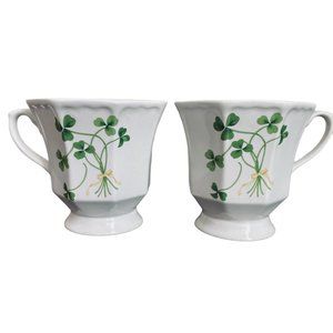 Vintage Hallmark Shamrock Clover Footed Mugs St. Patricks Day Irish Set Of Two